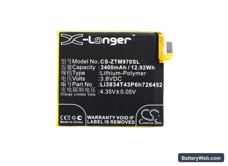 ZTE ZMAX Replacement Battery, 3.8V, 3400mAh, Li-Polymer 5