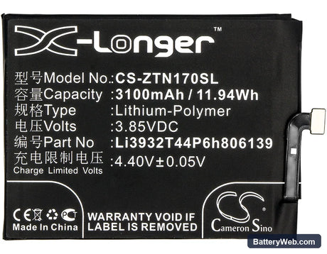 ZTE Nubia Z17 Replacement Battery, 3.85V, 3100mAh, Li-Polymer 5