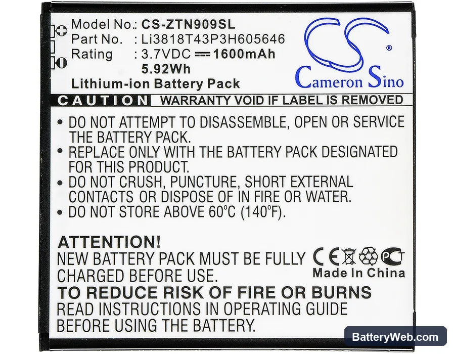 ZTE N909 Replacement Battery, 3.7V, 1600mAh, Li-ion 5