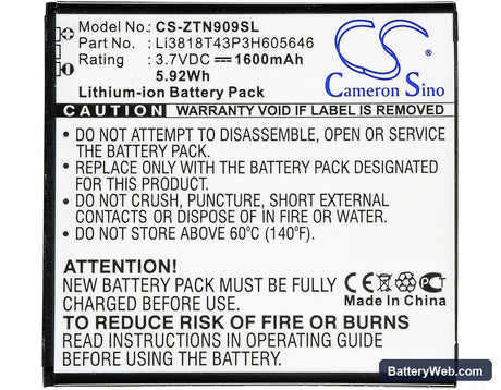 ZTE N909 Replacement Battery, 3.7V, 1600mAh, Li-ion 5