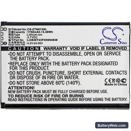 ZTE N9136 Replacement Battery, 3.7V, 1750mAh, Li-ion 3