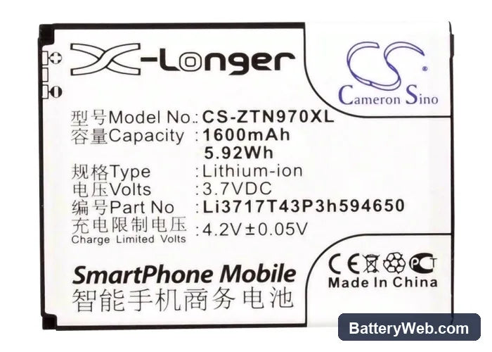 Virgin Mobile AWE Replacement Battery, 3.7V, 1600mAh, Li-ion 5