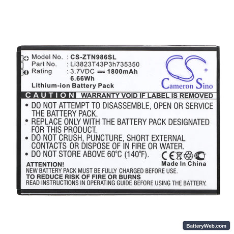 ZTE N986 Replacement Battery, 3.7V, 1800mAh, Li-ion 3
