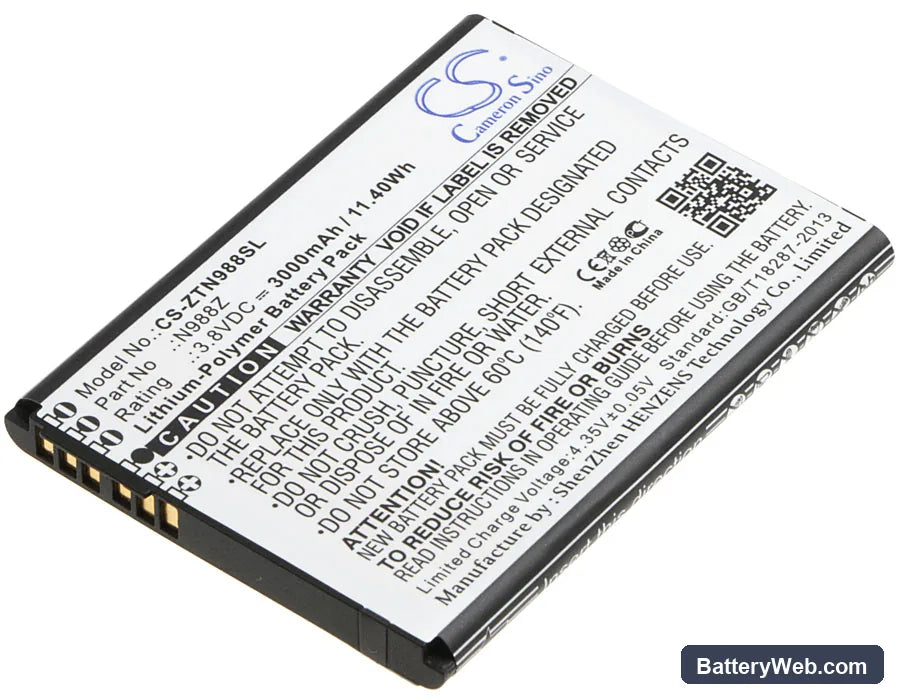 ZTE N988Z Replacement Battery, 3.8V, 3000mAh, Li-Polymer 1