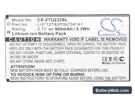 ZTE N960 Replacement Battery, 3.7V, 900mAh, Li-ion 5