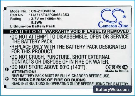ZTE X876 Replacement Battery, 3.7V, 1400mAh, Li-ion 5