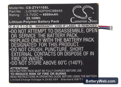 ZTE V11A Replacement Battery, 3.7V, 6800mAh, Li-Polymer 5
