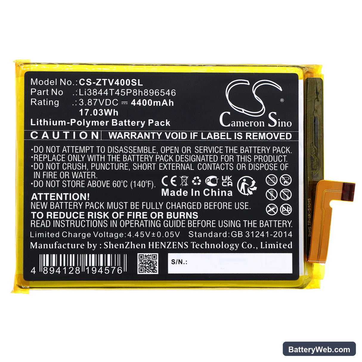 ZTE Blade V40S Replacement Battery, 3.87V, 4400mAh, Li-Polymer 3