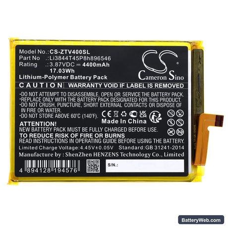 ZTE Blade V40S Replacement Battery, 3.87V, 4400mAh, Li-Polymer 3