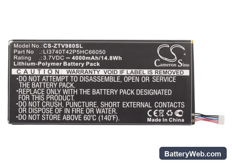ZTE T98 Replacement Battery, 3.7V, 4000mAh, Li-Polymer 5