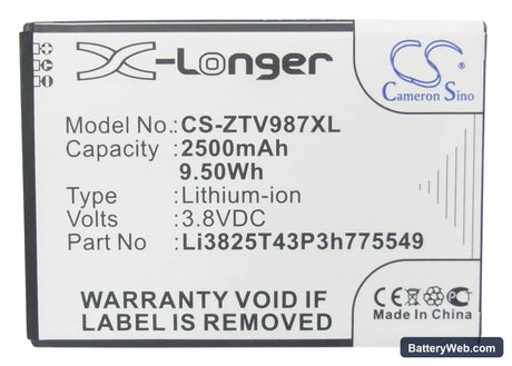 ZTE Vital Replacement Battery, 3.8V, 2500mAh, Li-ion 5