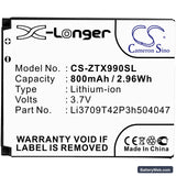 ZTE Rio Replacement Battery, 3.7V, 800mAh, Li-ion 3