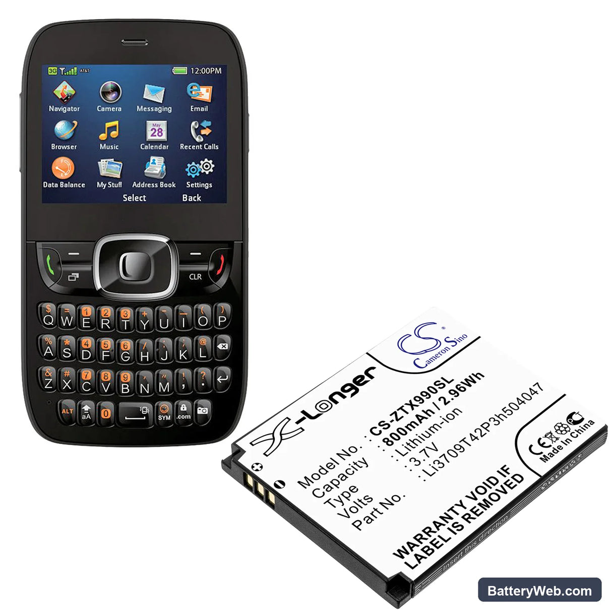 ZTE Rio Replacement Battery, 3.7V, 800mAh, Li-ion 4
