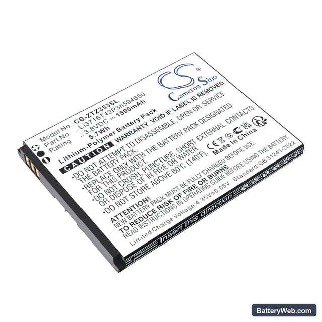 ZTE 353VL Replacement Battery, 3.8V, 1500mAh, Li-Polymer 1