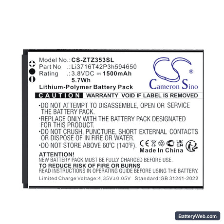 ZTE 353VL Replacement Battery, 3.8V, 1500mAh, Li-Polymer 5