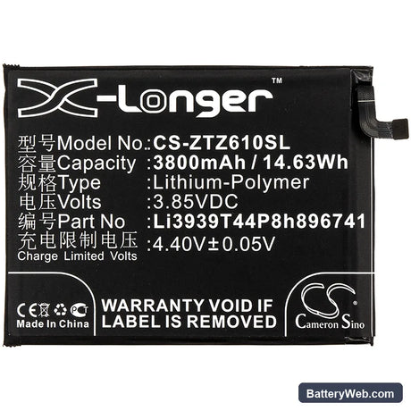 ZTE Blade Max View Replacement Battery, 3.85V, 3800mAh, Li-Polymer 3